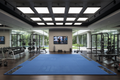 12x12ft blue carpeted gymnastics spring floor section in a high-end home gym