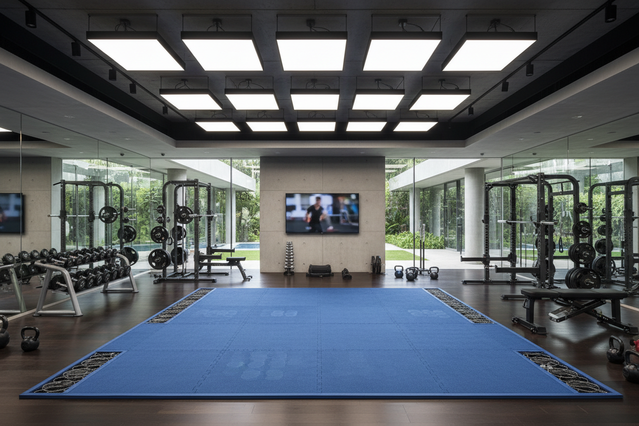 12x12ft blue carpeted gymnastics spring floor section in a high-end home gym