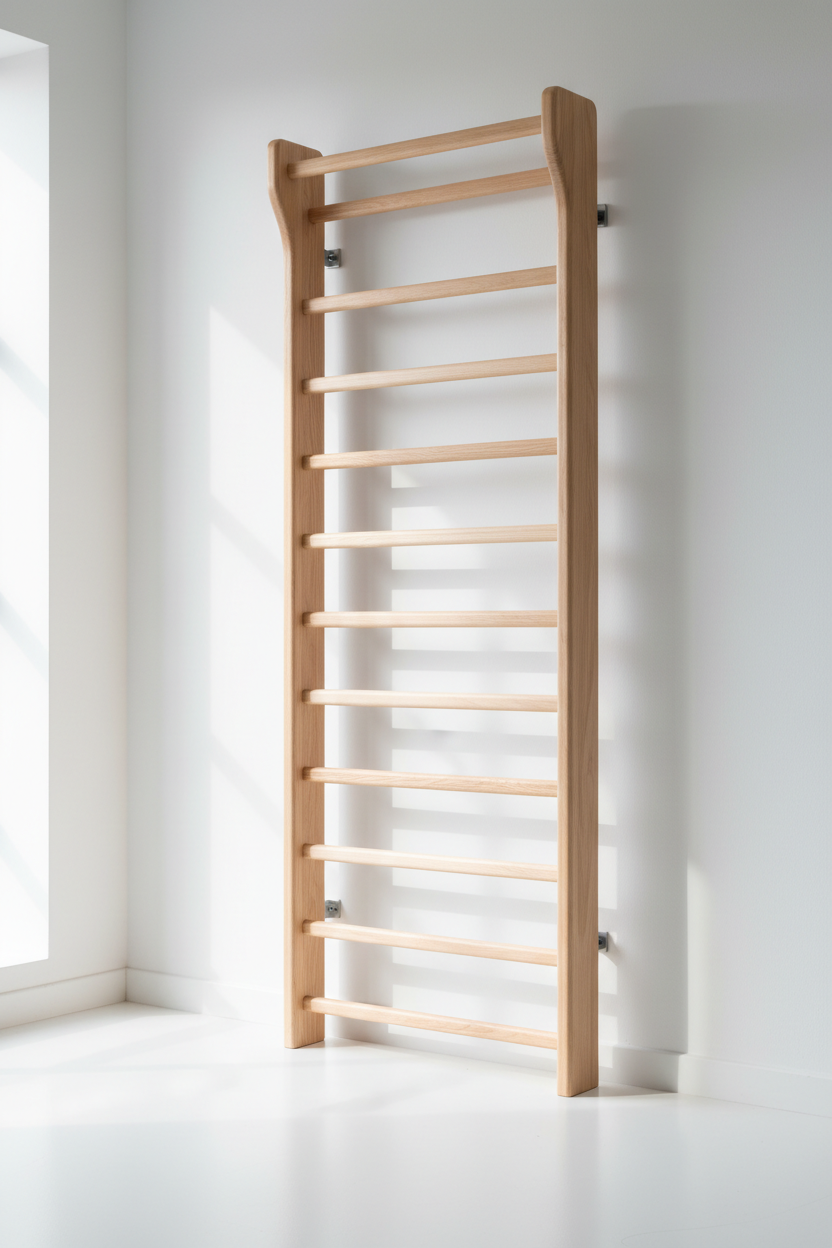 Full-height Swedish birch wooden stall bars mounted on a clean white wall, minimalist aesthetic