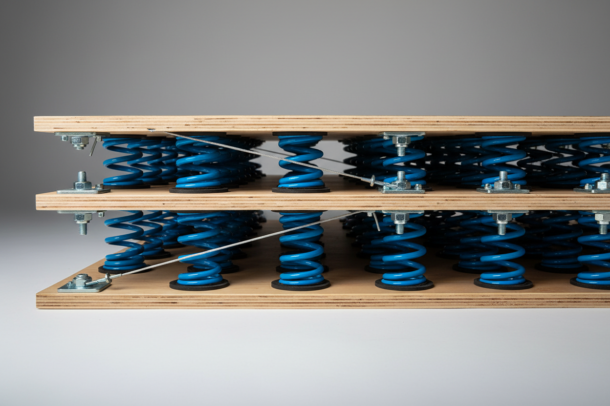 Cutaway side-profile showing spring mechanism between plywood layers of gymnastics floor deck