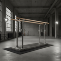 Professional gymnastics parallel bars on heavy steel base in minimalist industrial loft