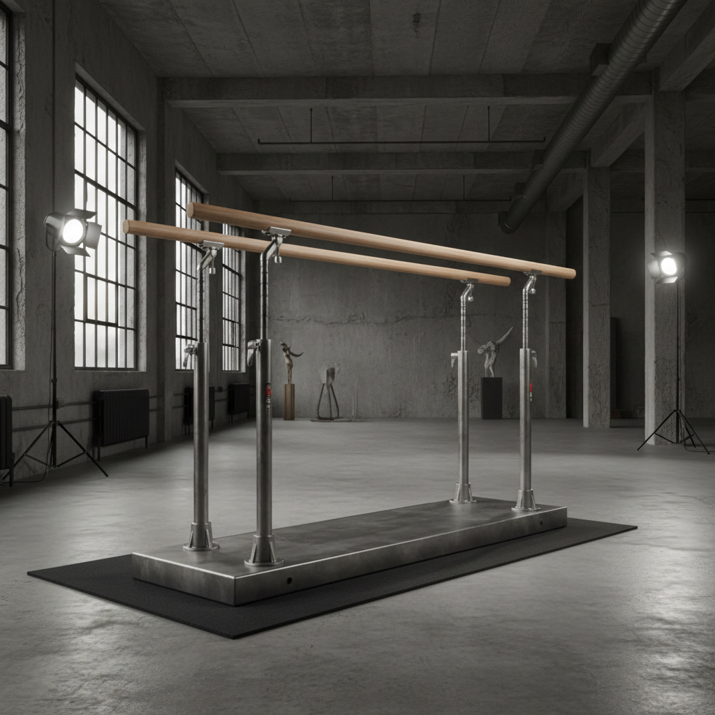 Professional gymnastics parallel bars on heavy steel base in minimalist industrial loft
