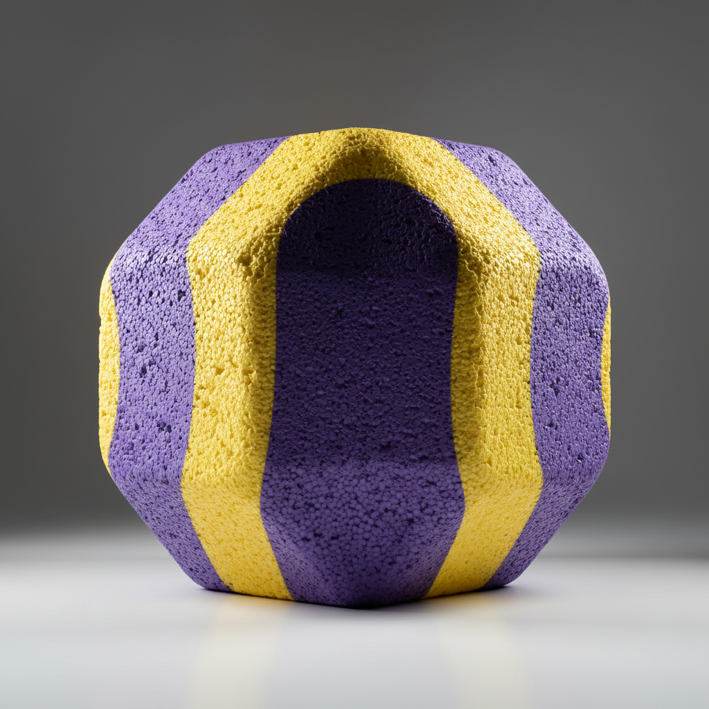 Large colorful foam octagon in purple and yellow, studio lighting