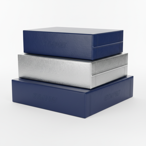 Three stacked gymnastics vaulting foam blocks in alternating navy and silver, studio lighting