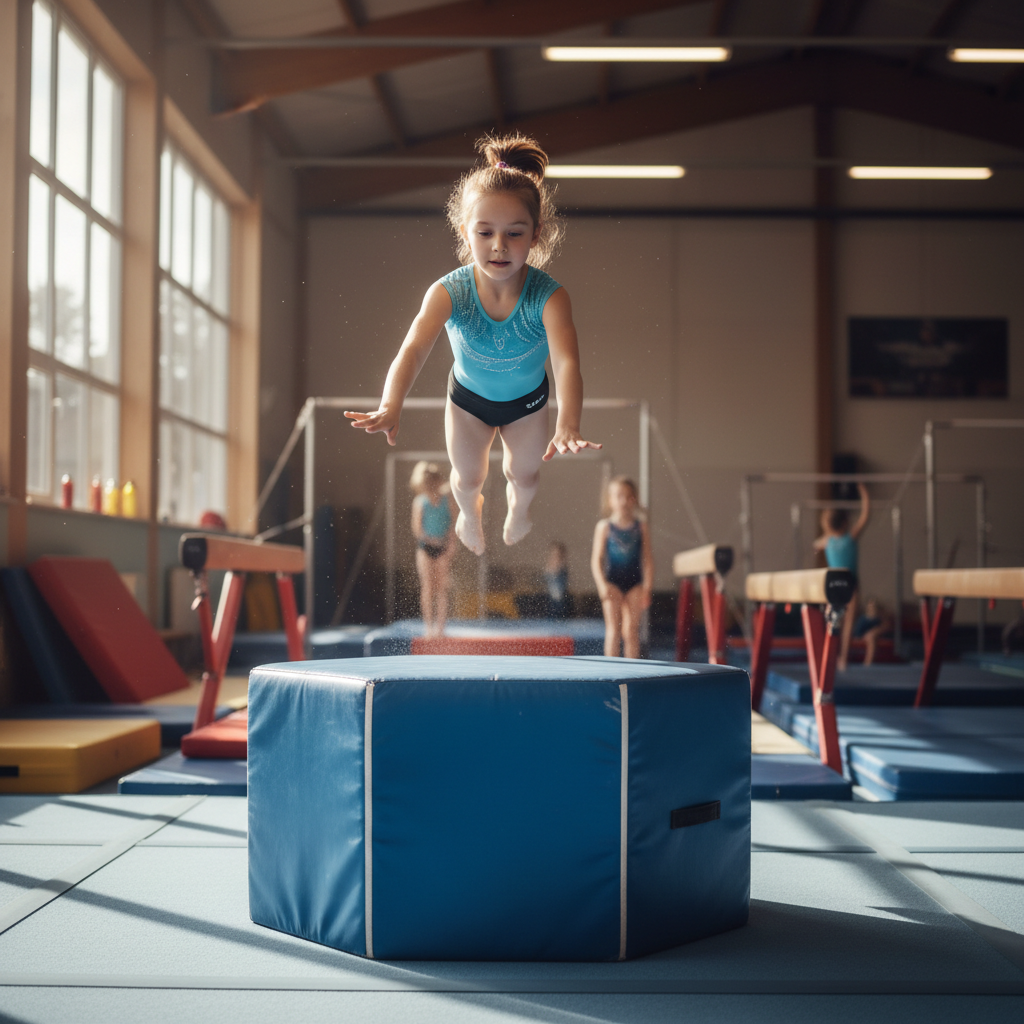 Foam octagon being used in a bright gymnastics training facility