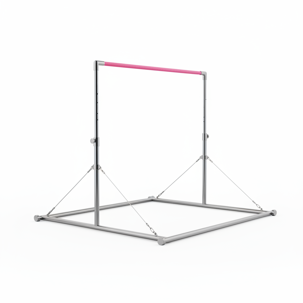 Professional pink and steel gymnastics high bar with wide stabilizing base on white background