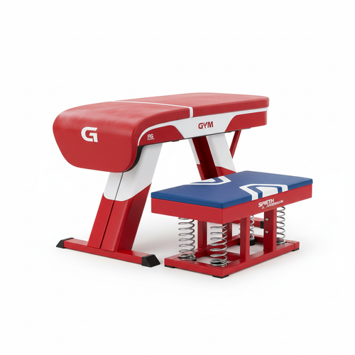 Professional red and white gymnastics vaulting table with springboard on white background