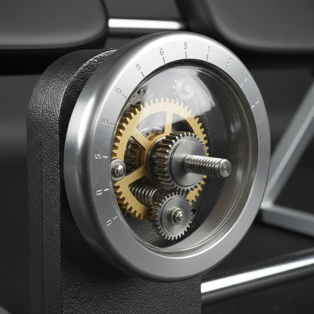 Close-up of adjustment wheel and precision gears on leg stretcher machine