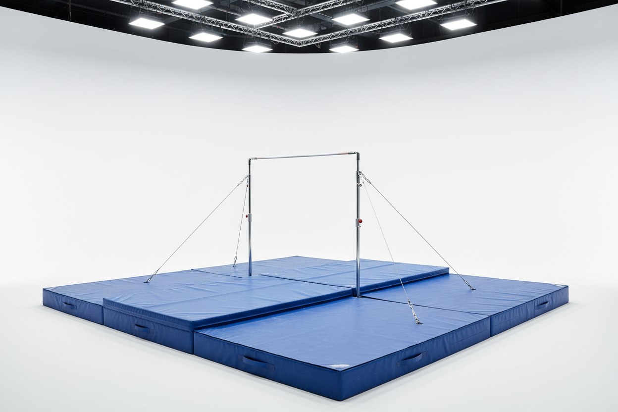 Full competition-style gymnastics high bar over a massive blue landing pit, professional studio lighting