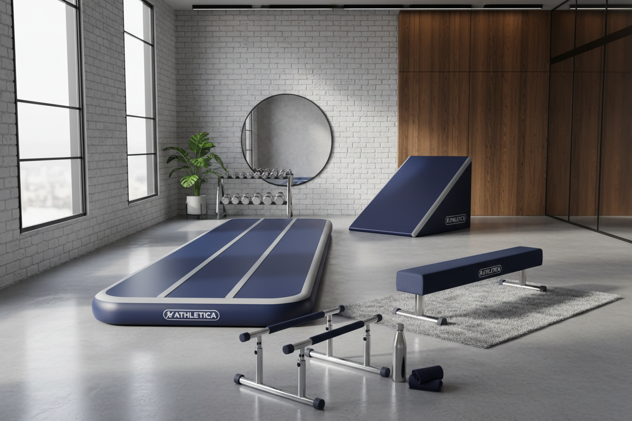 4-piece gymnastics set arranged in a high-end modern home gym with navy and silver color scheme