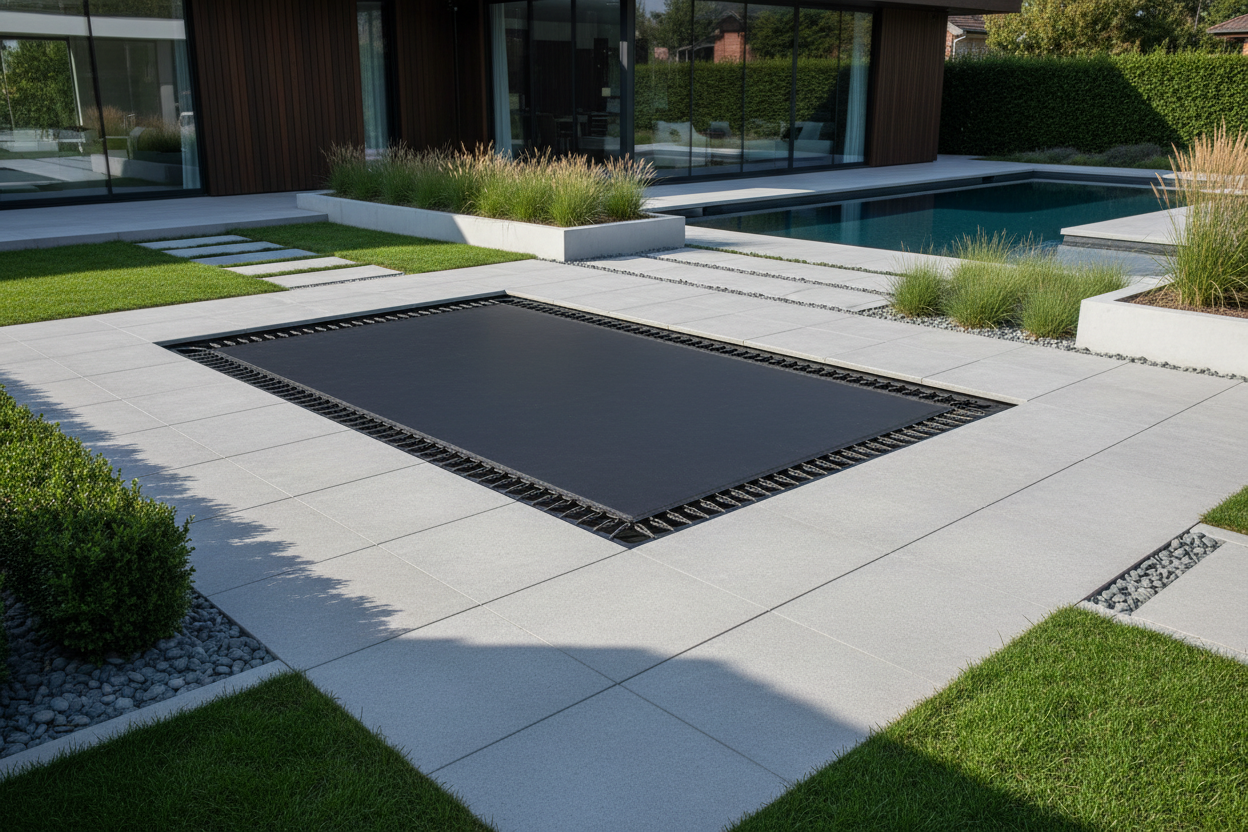 Inground trampoline flush with modern luxury backyard patio, architectural photography
