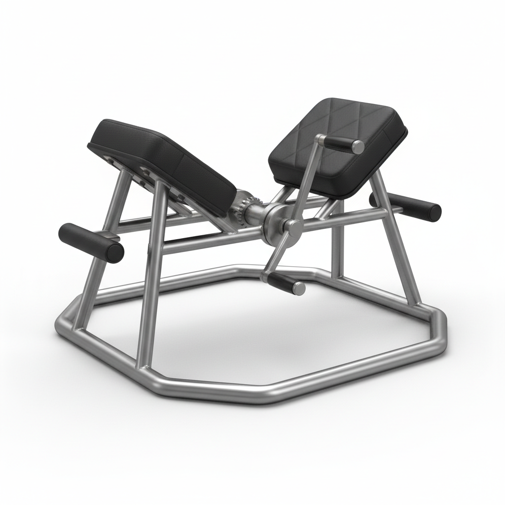 Steel-framed leg stretching machine with black padding on white background