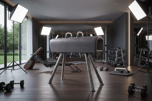 Professional pommel horse trainer in charcoal grey leather with white pommels and chrome steel legs