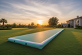 20ft mint-green gymnastics air track runway on a luxury lawn at sunset