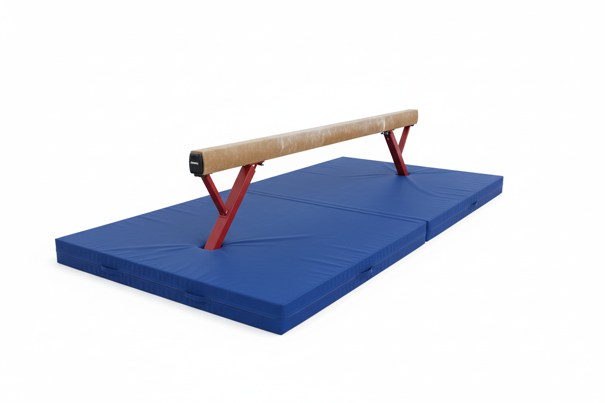 12-foot suede padded gymnastics balance beam on thick professional blue landing mat, studio lighting